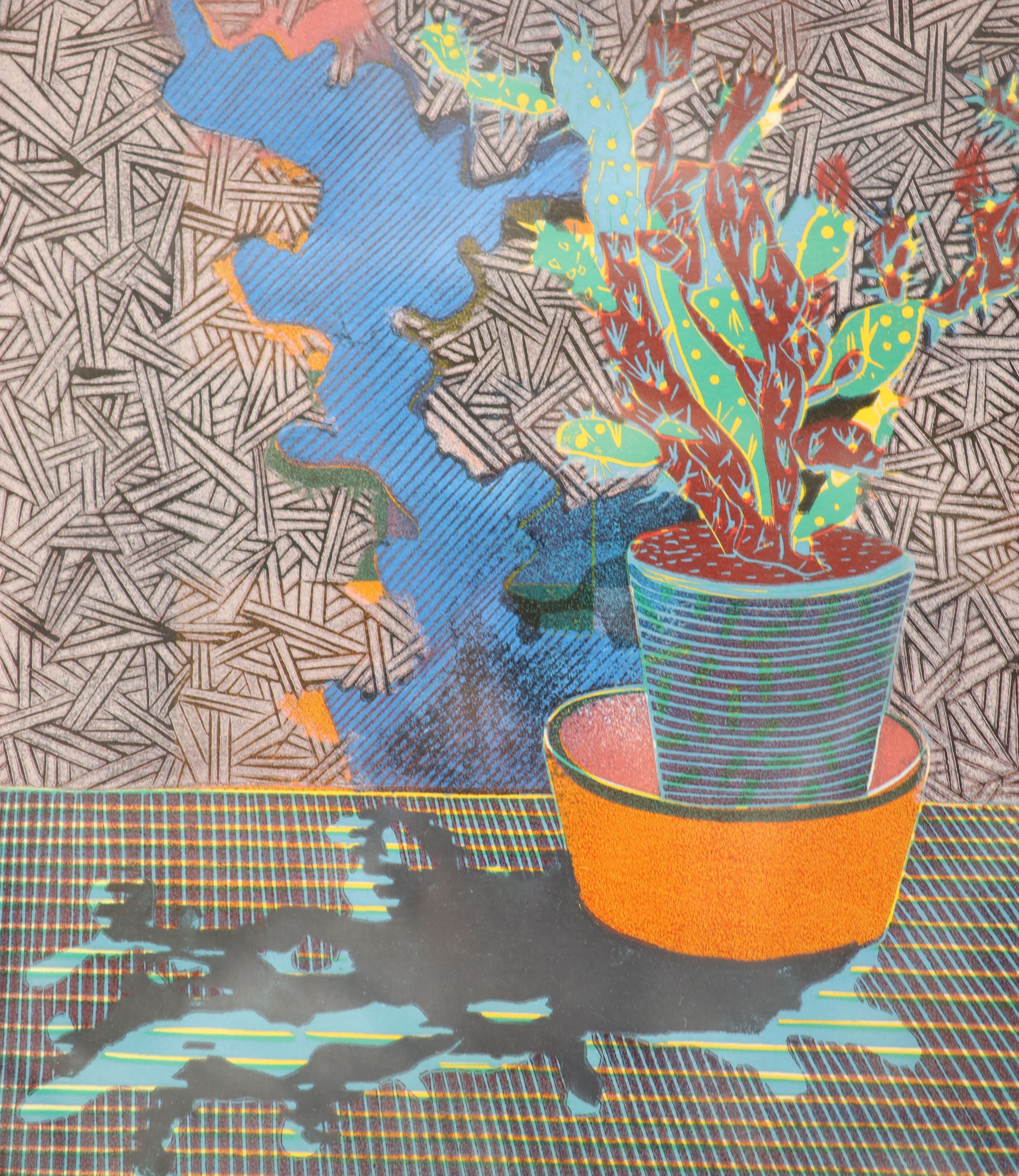 Dale Devereux Barker, linocut, Jos' Cactus, signed and dated '99 and inscribed Unique, 33 x 33cm